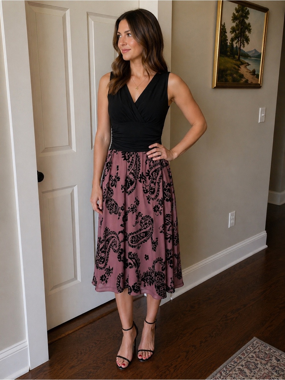 Enfocus Studio Black Top Pink Paisley Midi Dress